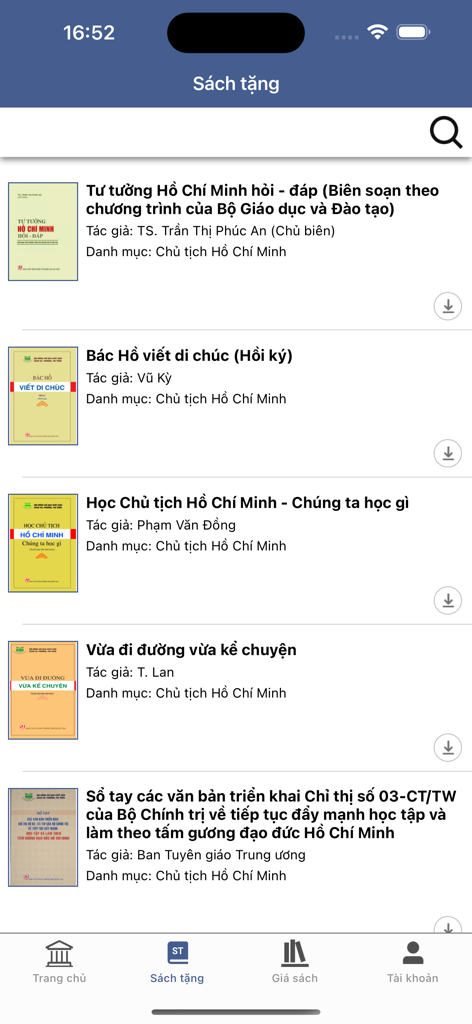 STBook-Chính trị quốc gia ST - Interface of STBook app showing a list of gift books about Ho Chi Minh and political documents