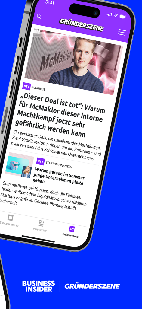 Business Insider Deutschland - Business Insider Deutschland App-Oberfläche, die den Startup-Nachrichten-Feed von Gründerszene zeigt