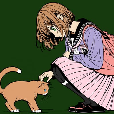 realistic anime girl bending down to pet a cat