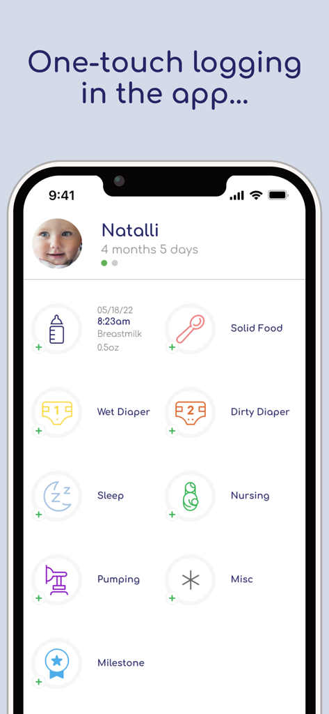 Talli Baby Tracker Newborn Log - Talli Baby Tracker app dashboard showing icons for one touch logging of feeding diaper changes and sleep
