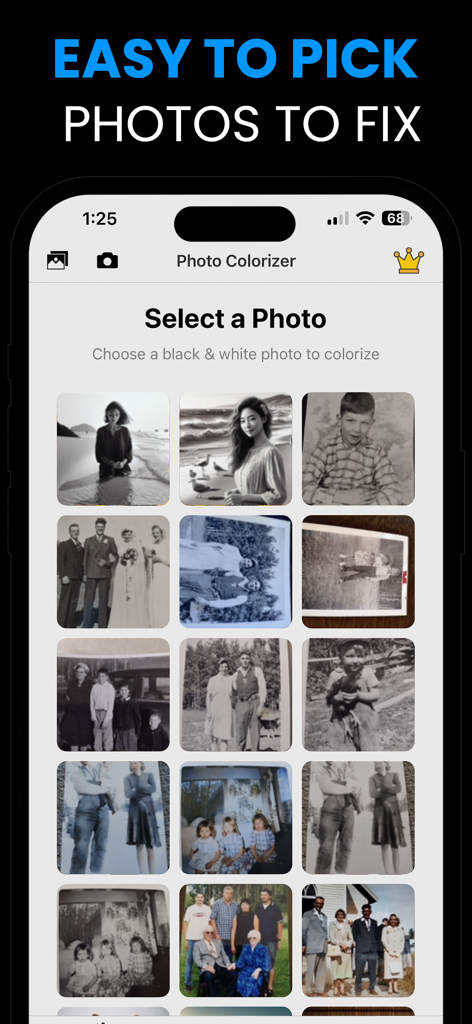 Black and White to Color· - A mobile app interface showing a gallery of black and white vintage photos ready for colorization.
