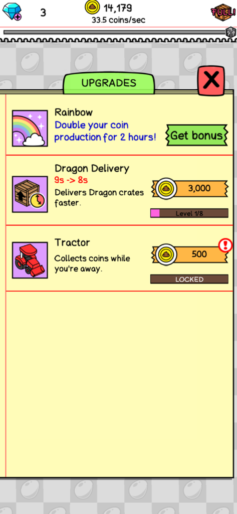 Goat Evolution: Evolve & Merge - The upgrades menu in Goat Evolution showing options for coin bonuses and faster deliveries