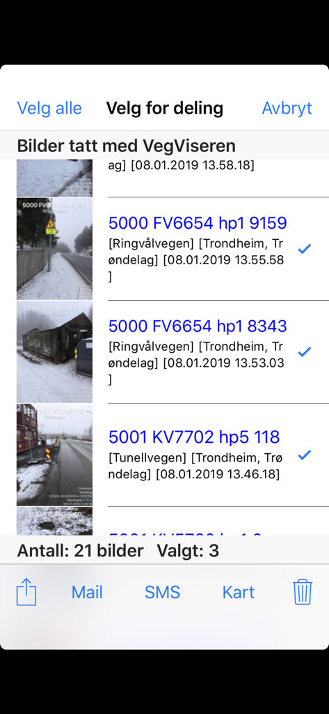 VegViseren - VegViseren 앱 인터페이스에 도로 참조 데이터 및 공유 옵션이 있는 전문 현장 사진 목록 표시