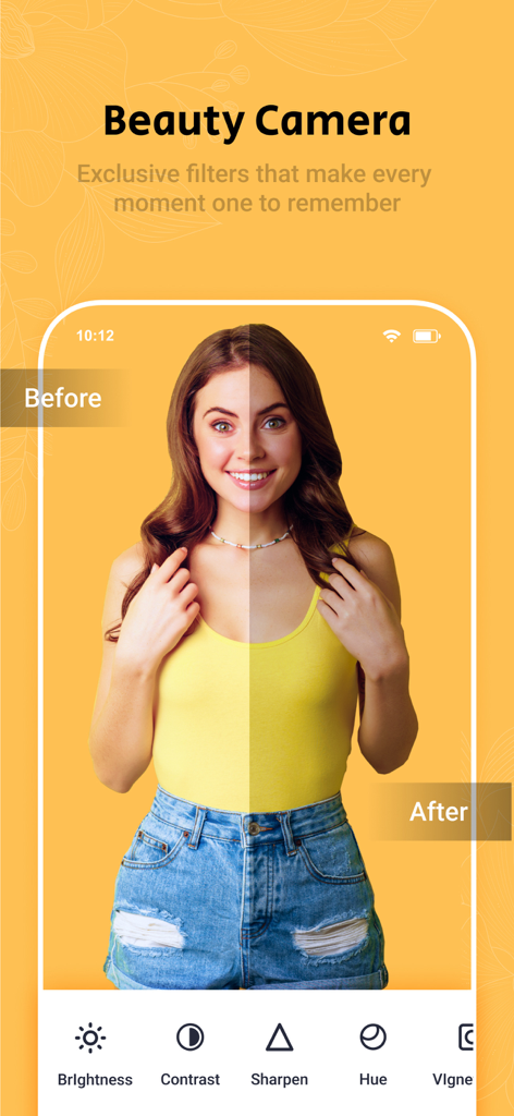 Beauty Cam - Selfie, Sticker - Una comparación lado a lado del antes y después de una foto editada con los filtros de Beauty Cam