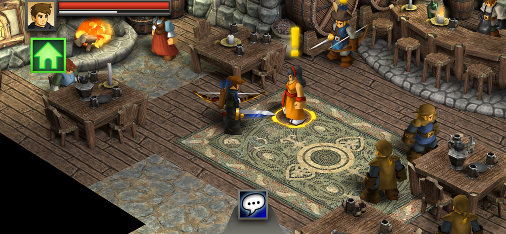 A player character approaches an NPC with a quest exclamation mark in a detailed fantasy tavern
