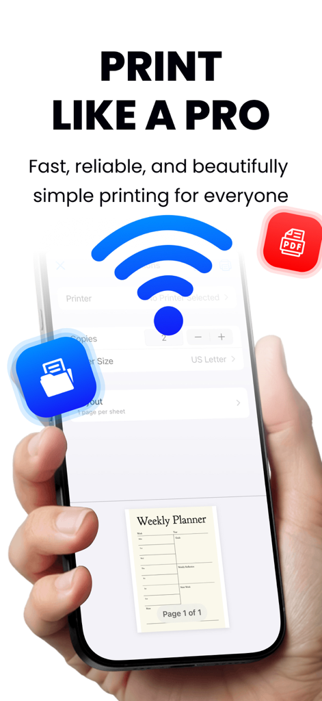 Una mano che tiene un iPhone che utilizza l'app Air Printer per stampare in modalità wireless un documento di pianificazione settimanale