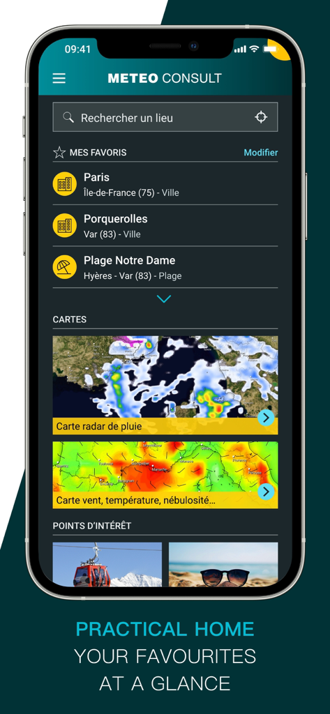 METEO CONSULT - Schermata principale dell'app meteorologica Meteo Consult che mostra le località preferite e le mappe interattive del radar pioggia