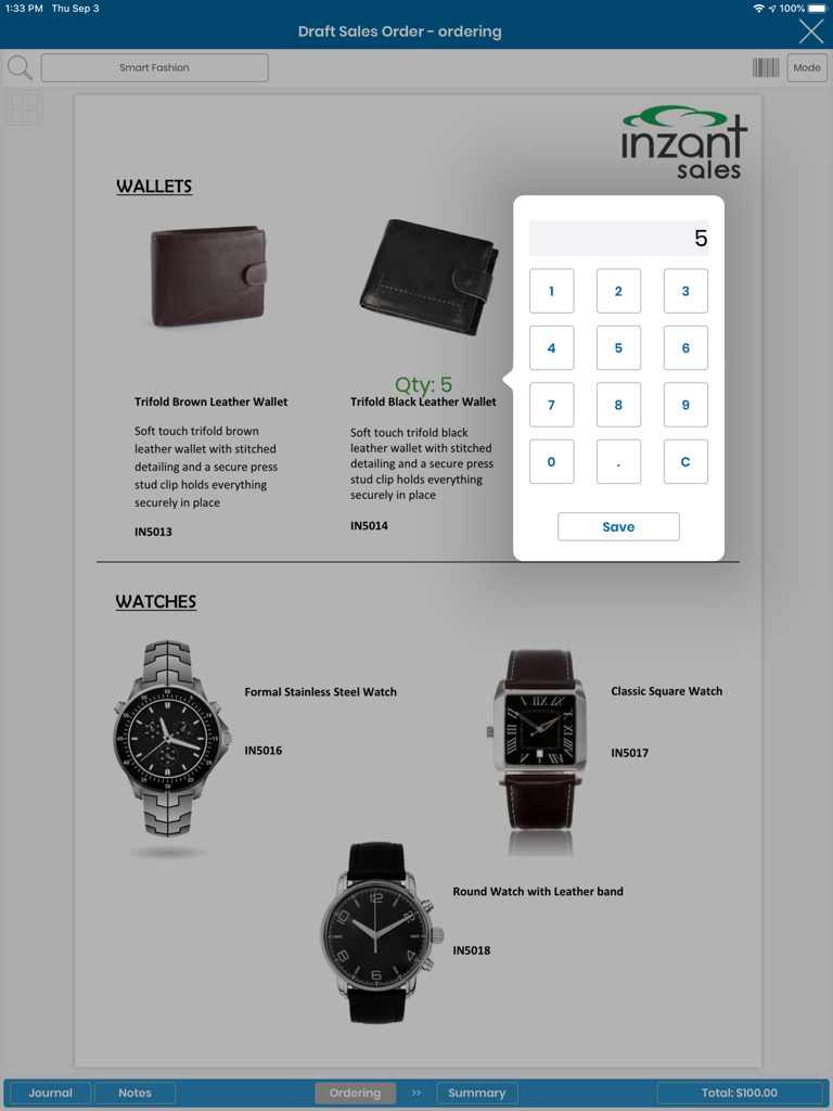 Inzant Sales iPad app digital product catalog with order quantity keypad