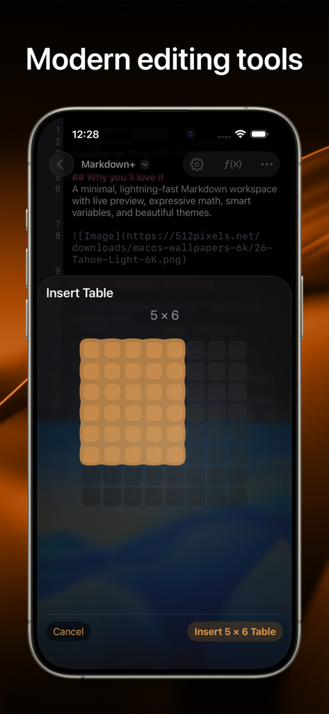 Markdown+ Text & Code Editor - A screenshot of the Markdown plus app on iPhone showing a visual grid selector for inserting a 5 by 6 table into a document