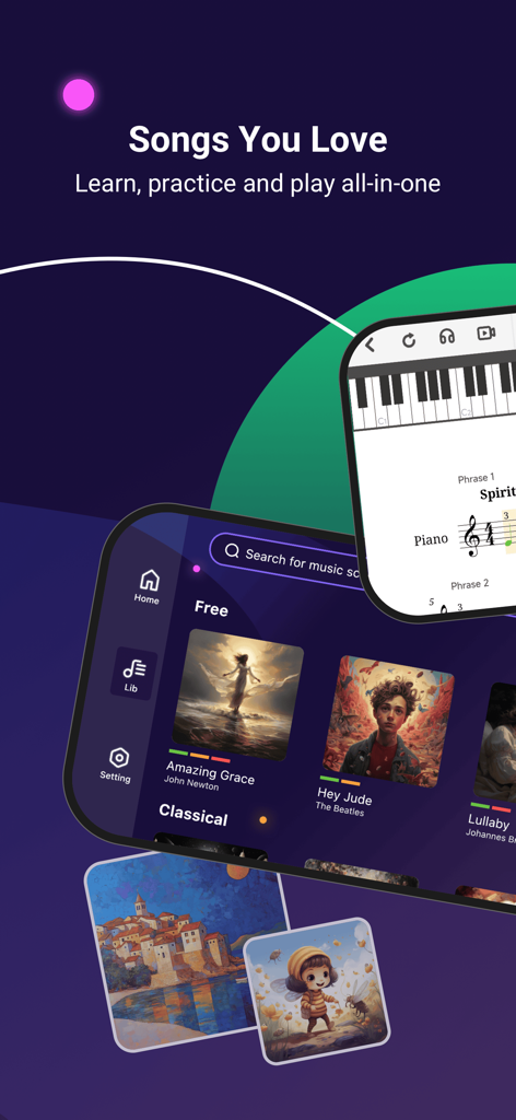 PianoDodo App-Musikbibliothek mit beliebten Songs wie 'Hey Jude' und 'Amazing Grace' zum Klavierüben