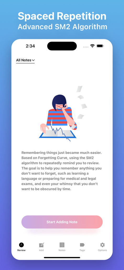 Flash Cards - Flashcards Maker - Uma captura de tela do app Criador de Flashcards mostrando os recursos de estudo de Repetição Espaçada e Algoritmo SM2 com um botão Iniciar Adição de Nota.