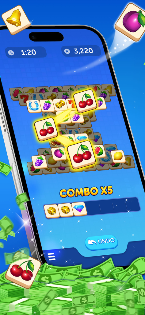 Tile Match 3 - Win Real Cash - Mobile screen showing tile matching puzzle gameplay with a combo bonus and cash prize graphics.