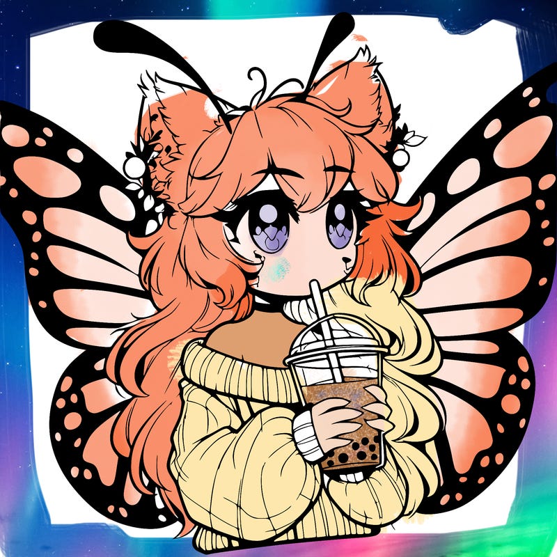 a realistic butterfly/furry girl drinking boba