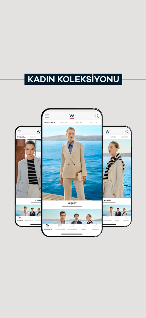 Tres pantallas de smartphone mostrando la línea de ropa femenina de lujo premium de W Collection con elegantes trajes y accesorios