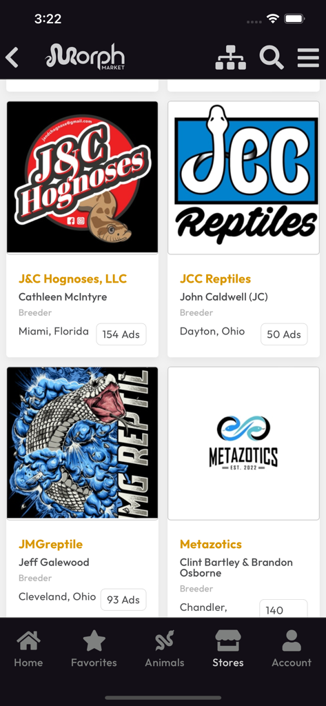 MorphMarket - MorphMarket App Store-Verzeichnis mit verschiedenen Reptilienzüchtern und deren Standorten