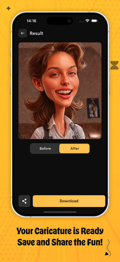 ダウンロードオプション付きで、写真が似顔絵に変換された結果を表示するスマートフォンのディスプレイ