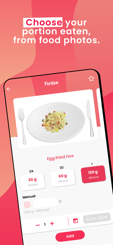 Le Secret Du Poids - モバイルアプリのインターフェースで、エビチャーハンなどの料理の視覚的な分量選択を表示し、カロリーを簡単に追跡できます。