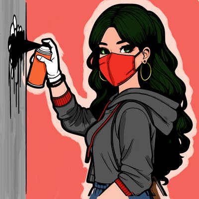 realistic girl with mask spray painting a wall