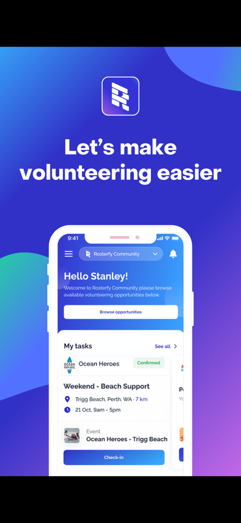Rosterfy - Interfaz de la aplicación móvil Rosterfy para gestionar tareas de voluntariado y eventos