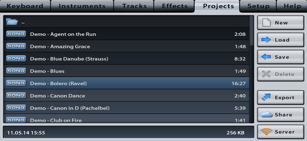 Music Studio project management screen showing a list of saved songs with options to load save export and share