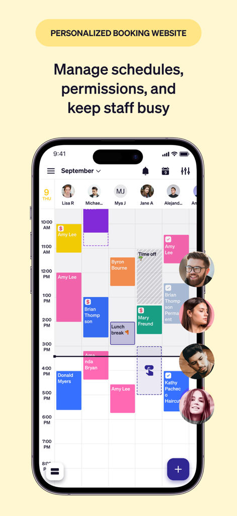 Interface de l'application Goldie montrant un calendrier multi-personnel pour la gestion des horaires et des rendez-vous.