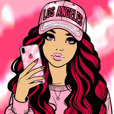 realistic beautiful girl wearing los ángeles cap holding an iphone