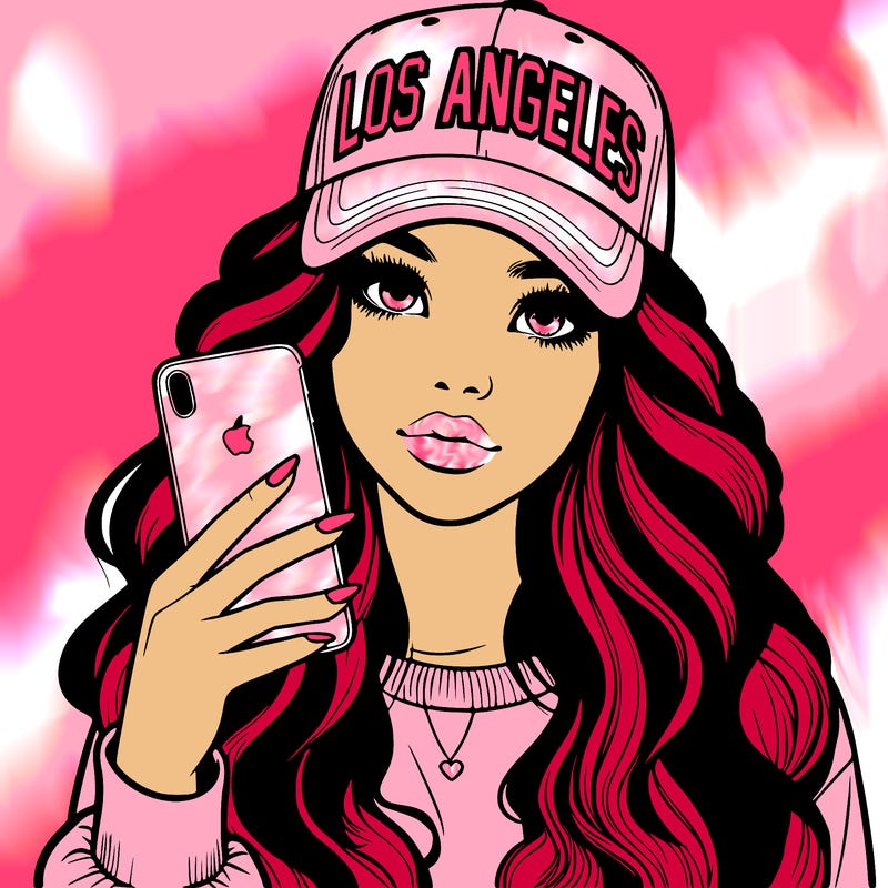 realistic beautiful girl wearing los ángeles cap holding an iphone