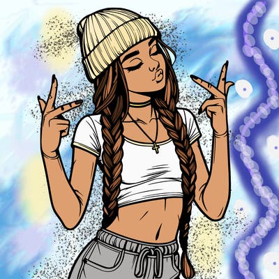 realistic teenage girl with braids and a beanie and crop top doing 🫶🏼