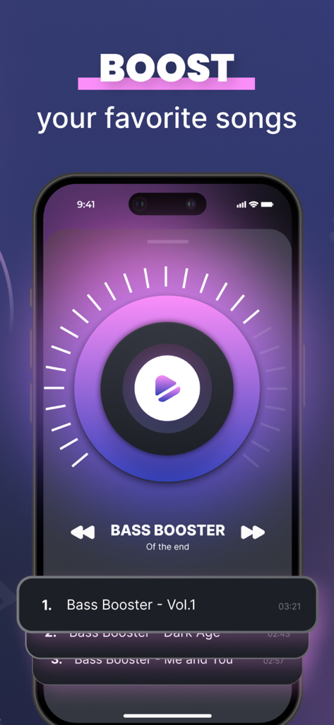 Sound, Bass Booster - Music EQ - iPhone interface for a music player app with a bass booster dial and song list
