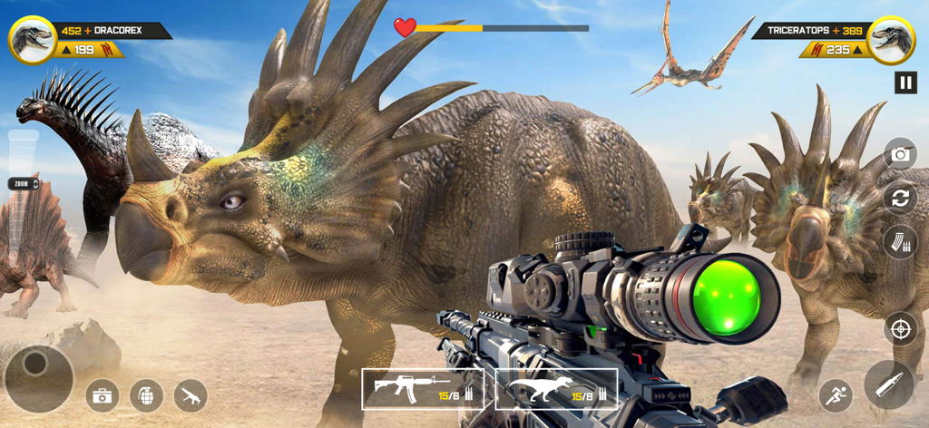 Dinosaur FPS Gun Hunting Games - First person view of a sniper rifle aiming at a large triceratops in a dinosaur hunting game