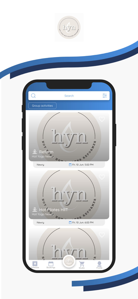Hot Yoga Newry - Smartphone screen displaying the class schedule of the Hot Yoga Newry app featuring Reform and Hot Pilates HIIT classes.
