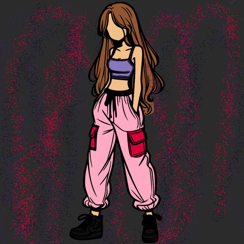 girl in baggy pants crop top and long hair