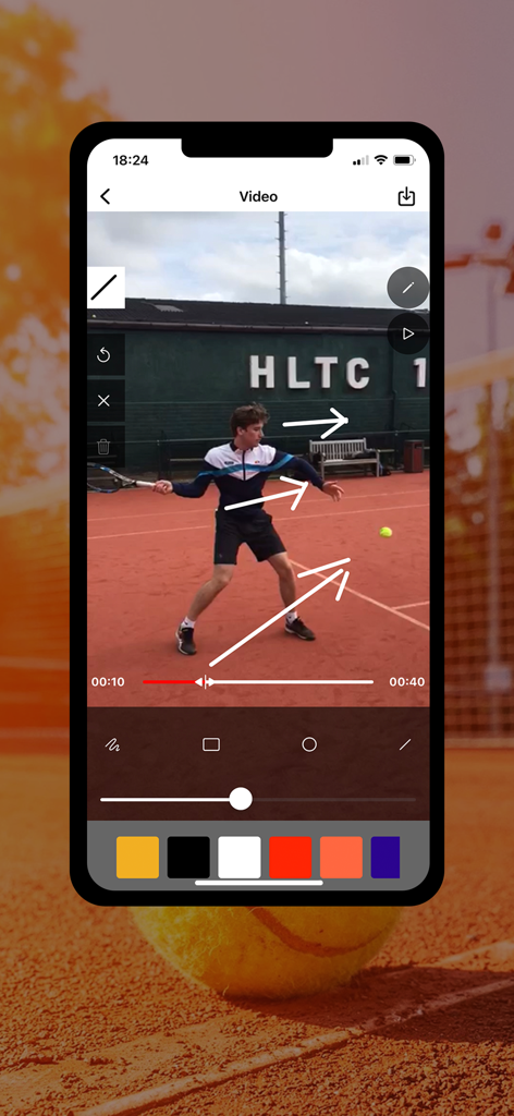 TennisCourt - Mobile app screenshot showing video analysis of a tennis player with instructional arrows