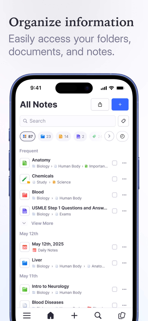 RemNote app interface showing organized study notes and folders on a smartphone