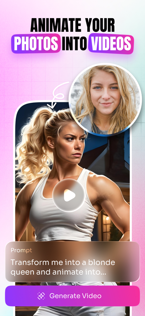 AIVidly - AI Video Maker - AIVidly App-Oberfläche, die ein Foto einer Frau zeigt, das durch eine Textvorgabe in eine animierte KI-Videofigur verwandelt wird.