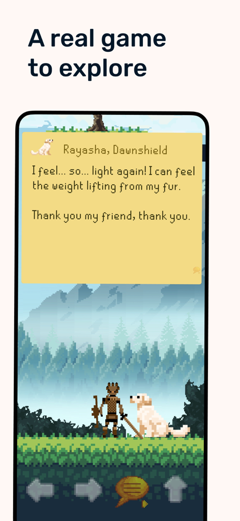 Focus Hero: Achieve your Goals - Focus Hero app screen showing a pixel art RPG adventure with a hero character and a dog named Rayasha.