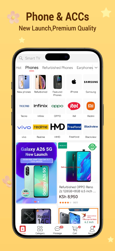 Kilimall - Affordable Shopping - Kilimall app interface showing smartphone brands and electronic accessory listings
