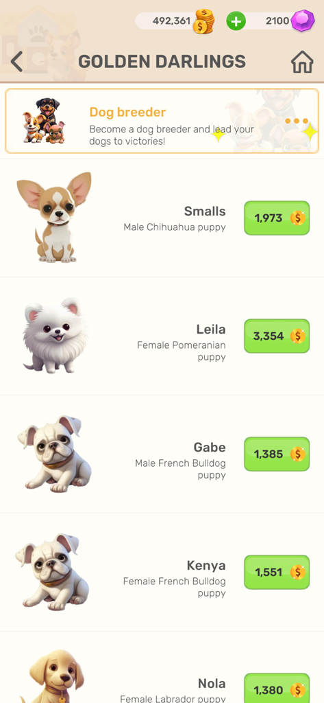 Interfaz de Real Life Choices Simulator que muestra razas de cachorros y precios para la carrera de criador de perros