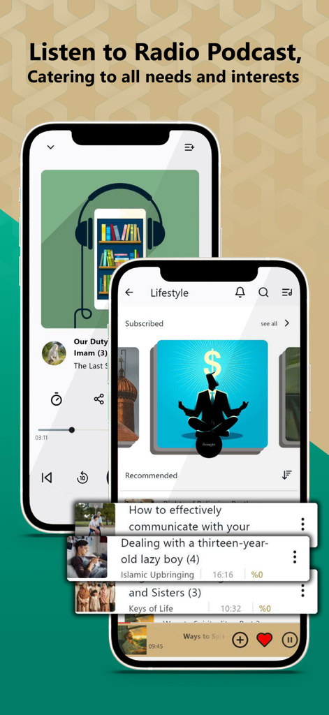 Smartphone screens displaying the radio podcast and lifestyle section of the Shia Muslim app