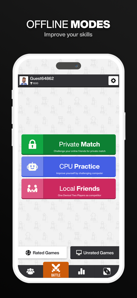 Royal Chess Mobile App-Oberfläche, die Offline-Spielmodi zeigt, darunter CPU-Übung und lokale Freundschaftsspiele.