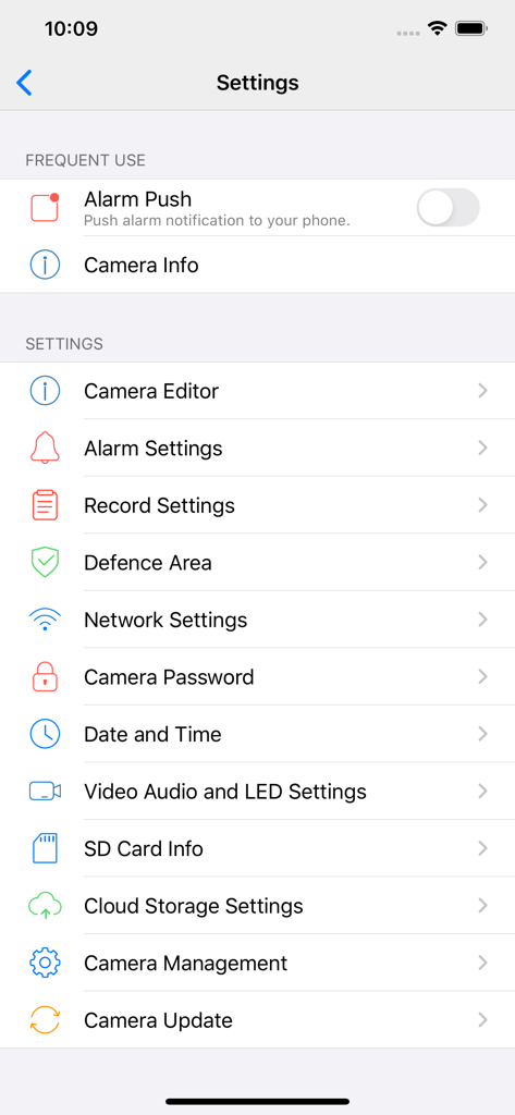 WIWACAM - The settings menu of the WIWACAM app showing camera and alarm configuration options