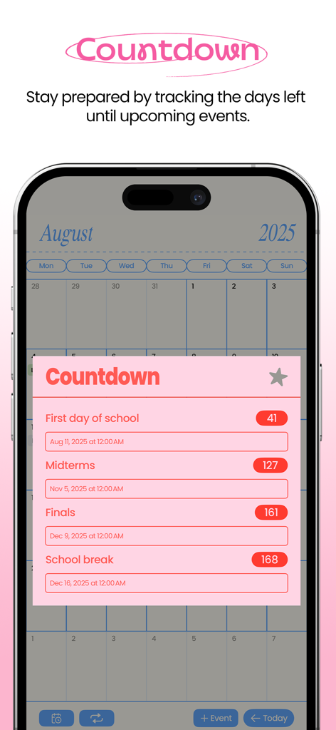 Academic countdown tracker in Folderly app showing days remaining for exams and school events