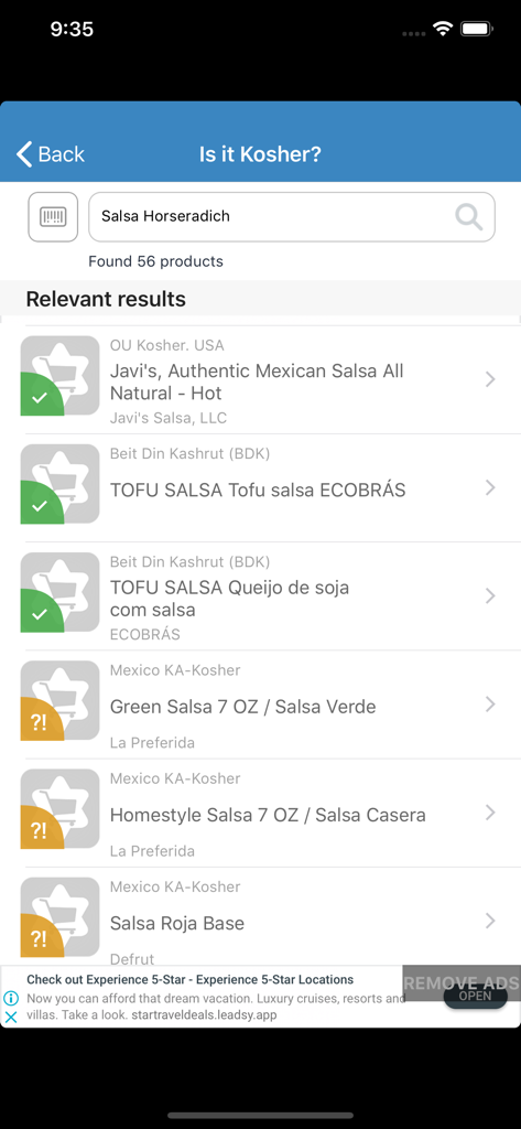 Is it Kosher? - A screenshot of the Is it Kosher? app showing search results for salsa products with their respective kosher certifications.