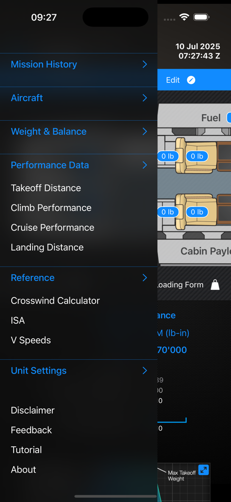 PC-12 Calculator - Side menu of the PC-12 Calculator app displaying flight planning and performance data categories