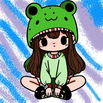 a girl wearing a frog hat and some frog socks