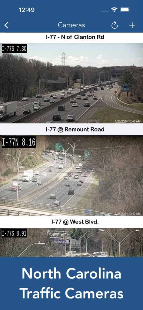 North Carolina Traffic Cameras - Smartphone screenshot of North Carolina Traffic Cameras app displaying live feeds of I-77 highway in Charlotte