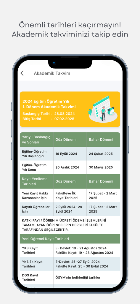 Academic calendar screen of the AUZEF mobile app showing semester dates and registration deadlines for Istanbul University students