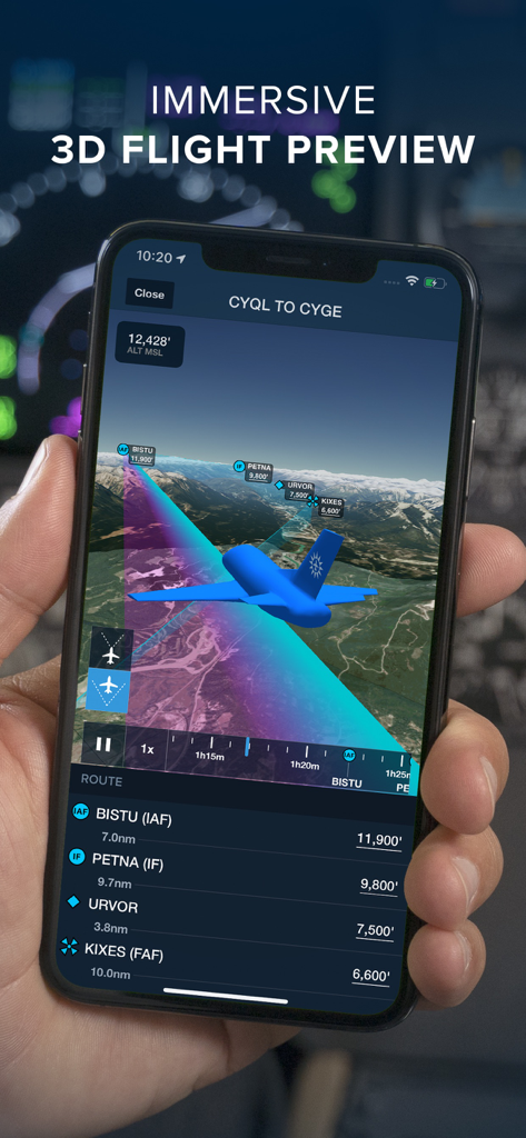 ForeFlight Mobile EFB - A pilot holding a smartphone showing the ForeFlight Mobile EFB immersive 3D flight preview feature over a mountainous terrain