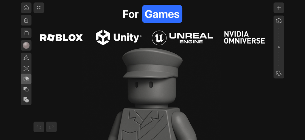 3D Modeling, Design: Shapeyard - Shapeyard app interface showing a 3D character model with compatibility logos for Roblox, Unity, Unreal Engine, and NVIDIA Omniverse.