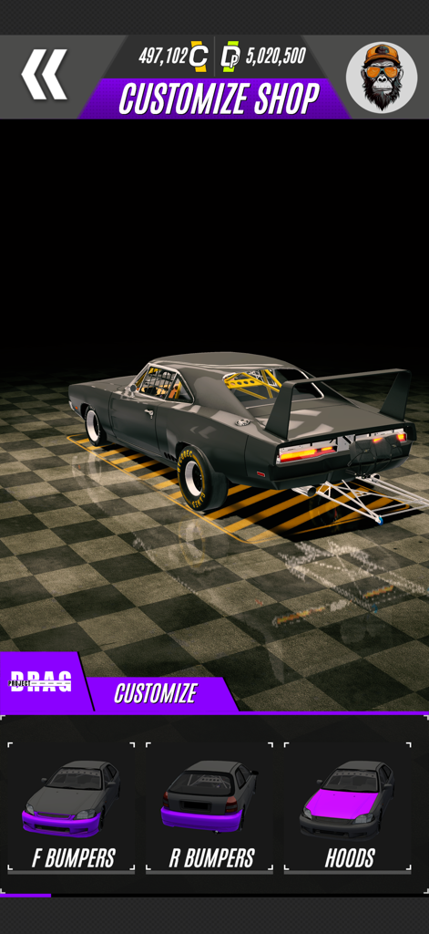 Project DRAG : Online - A black muscle car in the customize shop menu of the Project DRAG Online mobile game showing bumper and hood options
